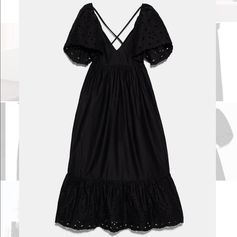 Zara Black Embroidered Mid-Length Casual Maxi Dress